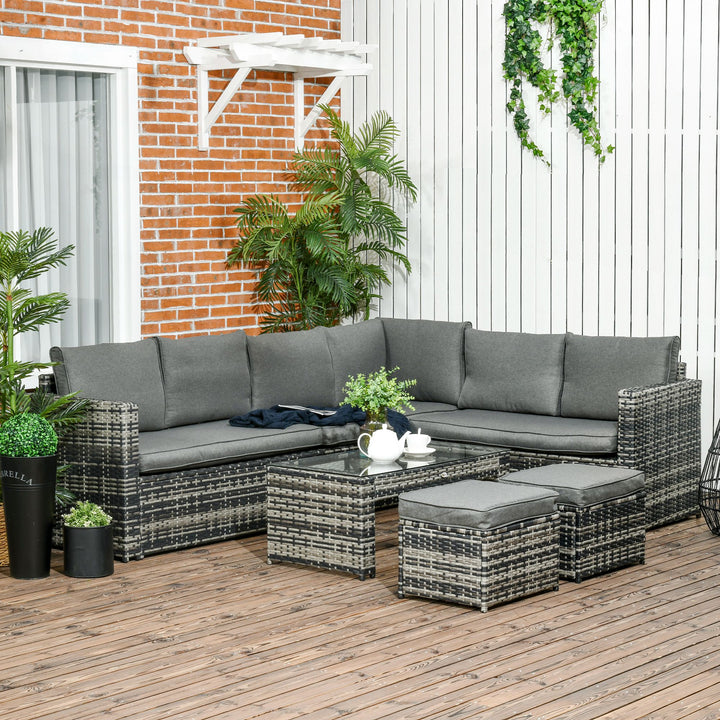 6 Piece Rattan Garden Furniture Set, 8-Seater Outdoor Sofa Sectional with 3 Cushioned Loveseat 2 Footstools Table, Grey