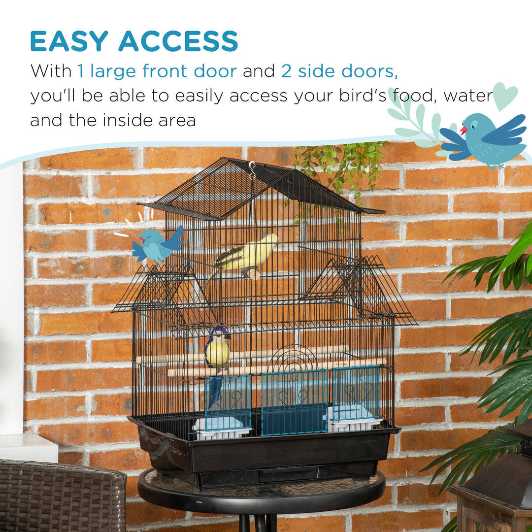 Metal Bird Cage with Plastic Swing Perch Food Container Tray Handle for Finch Canary Budgie 50.5 x 40 x 63cm Black