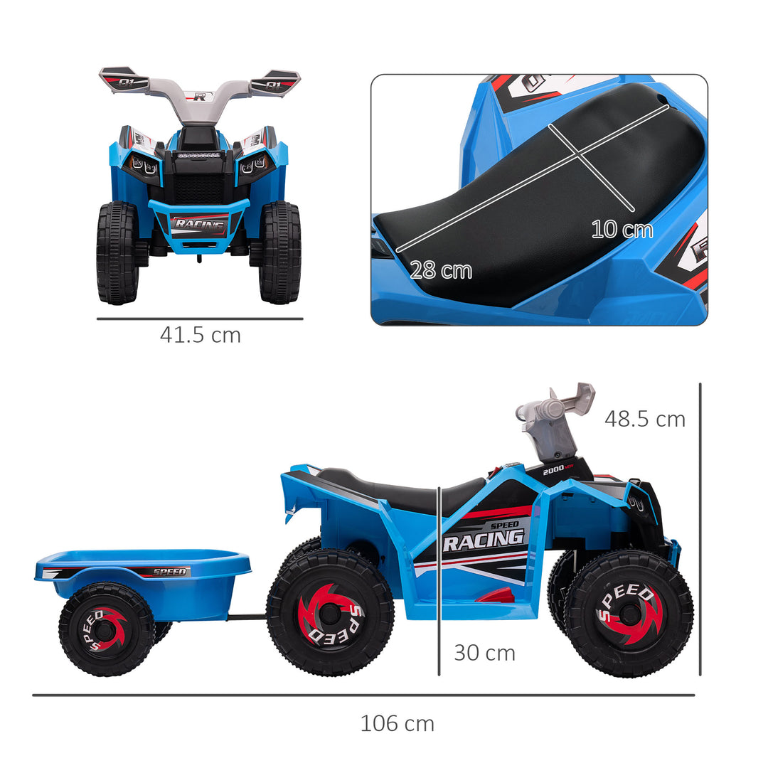 6V Quad Bike with Back Trailer, Wear-Resistant Wheels, for Ages 18-36 Months, Blue