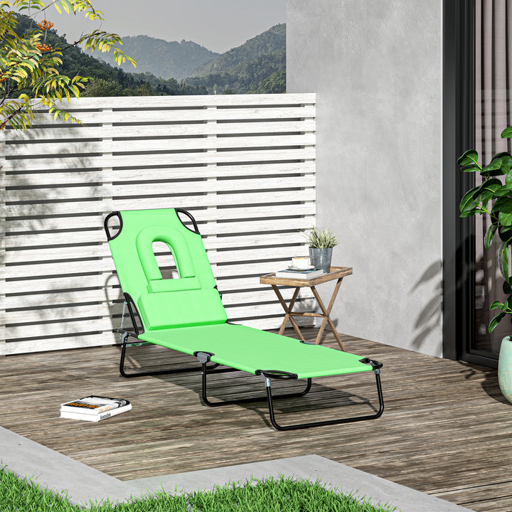 Sun Lounger Foldable Reclining Chair with Pillow and Reading Hole Garden Beach Outdoor Recliner Adjustable Green