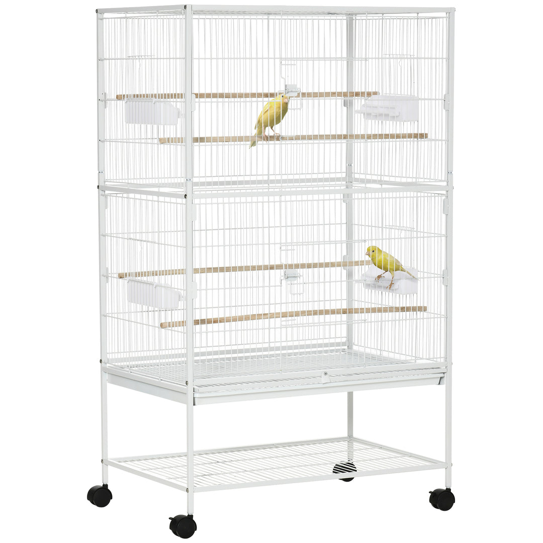 Large Bird Cage Aviary for Finch Canaries, Budgies with Rolling Stand, Slide-out Tray, Food Containers, White