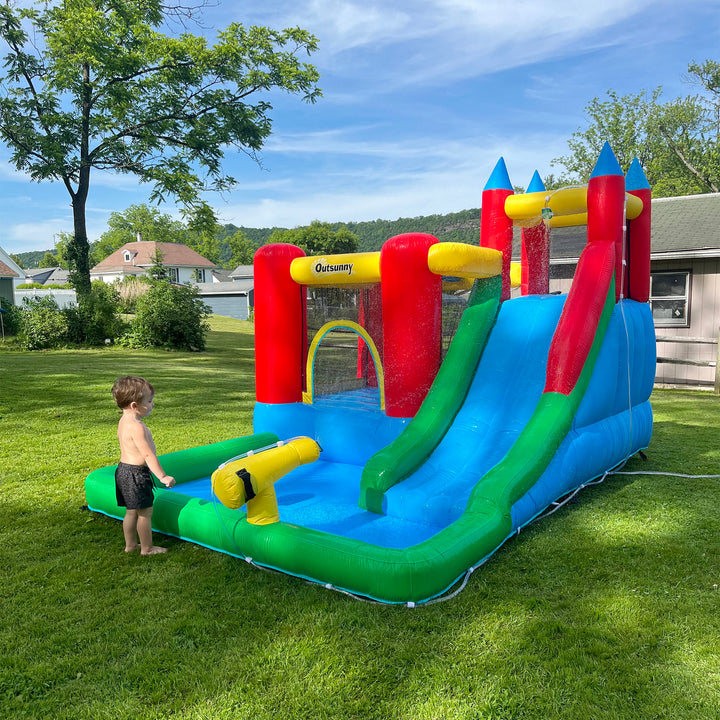 Outsunny Kids Inflatable Bouncy Castle Water Slide 6 in 1 Bounce House Jumping Castle Water Pool Gun Climbing Wall Basket for Summer Playland