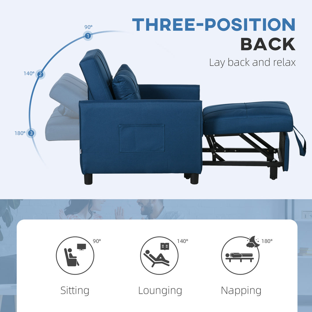 3-In-1 Convertible Chair Bed, Pull Out Sleeper Chair, Fold Out Bed with Adjustable Backrest, Side Pockets, Blue