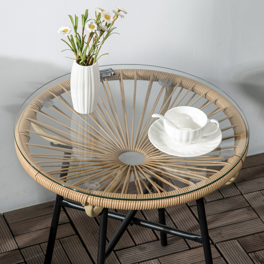 Rattan Side Table, Round Outdoor Coffee Table, with Round PE Rattan and Tempered Glass Table Top for Patio, Garden, Balcony, Black