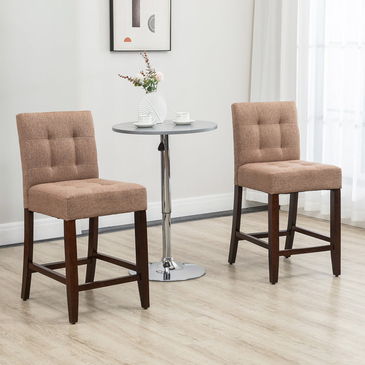 Modern Fabric Bar Stools Set of 2, Thick Padding Kitchen Stool, Bar Chairs with Tufted Back Wood Legs, Brown