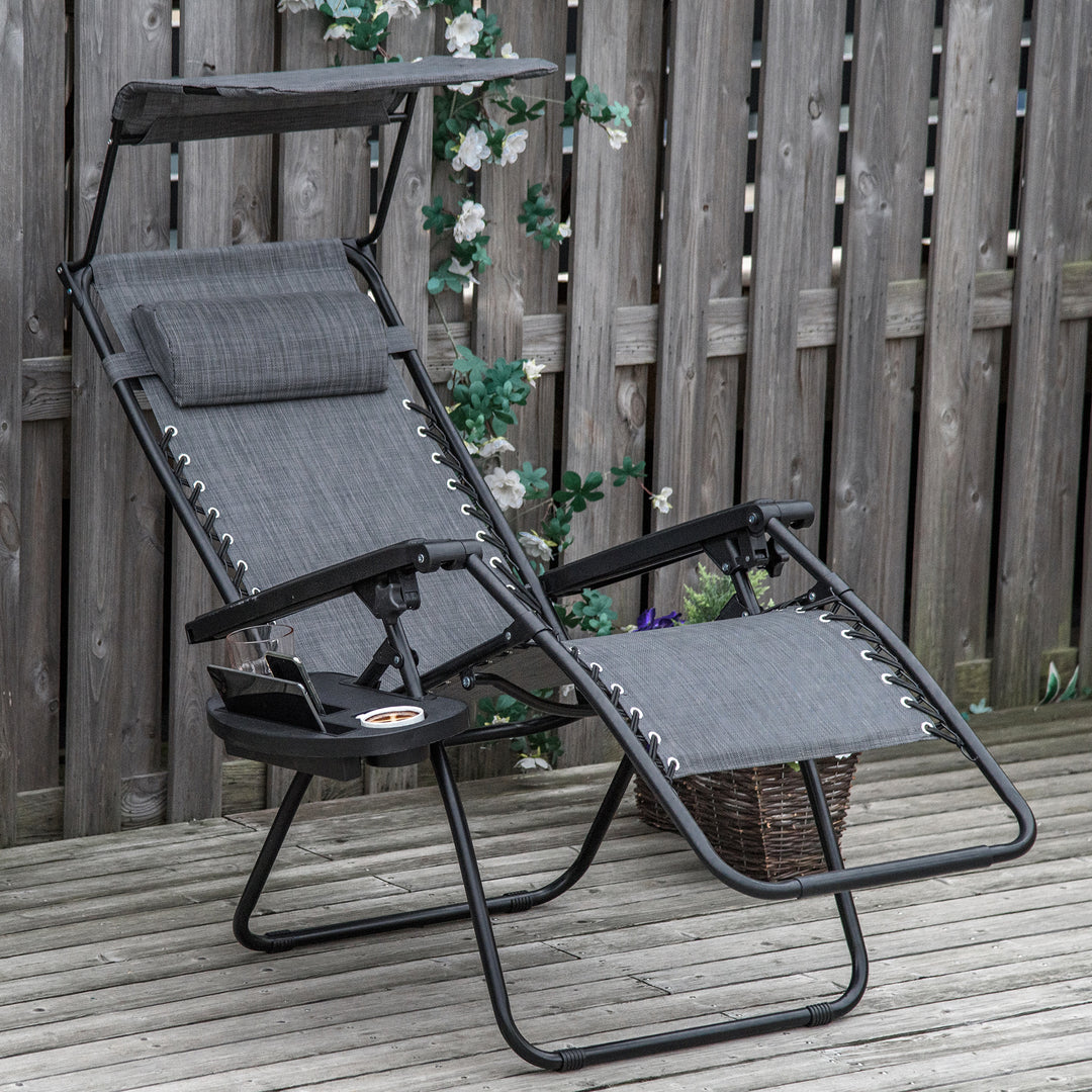 Outsunny Zero Gravity Garden Deck Folding Chair Patio Sun Lounger Reclining Seat with Cup Holder & Canopy Shade - Grey