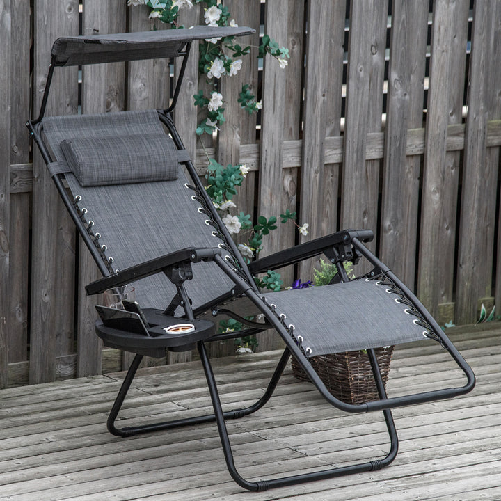 Outsunny Zero Gravity Garden Deck Folding Chair Patio Sun Lounger Reclining Seat with Cup Holder & Canopy Shade - Grey