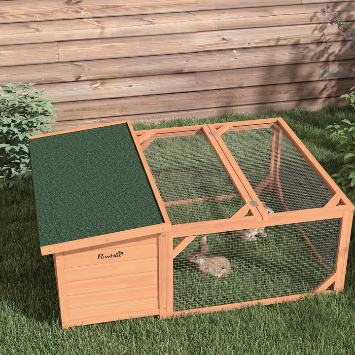 PawHut Rabbit Hutch Small Animal Guinea Pig House Off-ground Ferret Bunny Cage Backyard with Openable Main House & Run Roof 125.5 x 100 x 49cm Orange