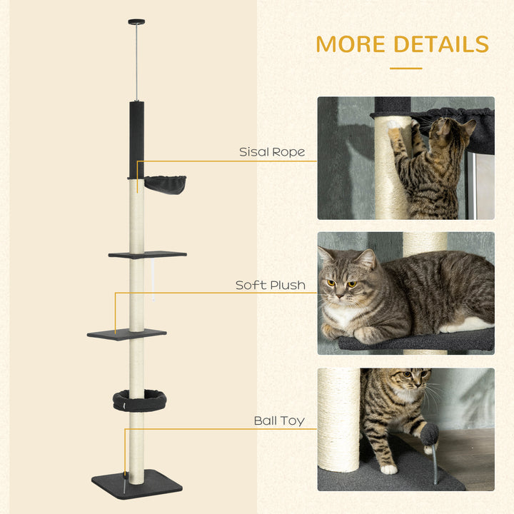 Floor To Ceiling Cat Tree, 5-Tier Height Adjustable Cat Climbing Tower with Scratching Post, Hammock, Bed for Indoor Cats, 240-270cm, Black