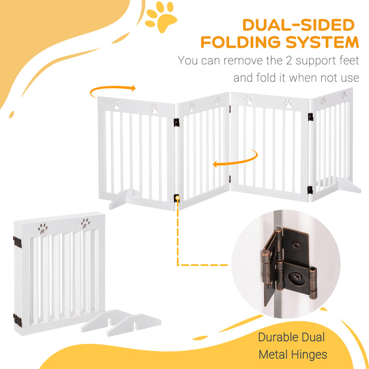 PawHut Pet Gate 4 Panel Folding Wooden Dog Barrier Freestanding Dog Gate For Stairs w/ Support Feet