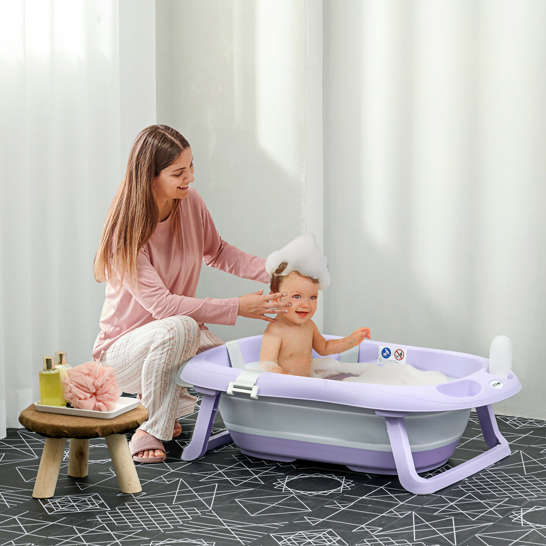 Foldable Baby Bath Tub, Bath Tub with Non-Slip Support, Cushion Pad, Drain Plugs, Shower Head Holder, for Newborn to 6 Years - Purple