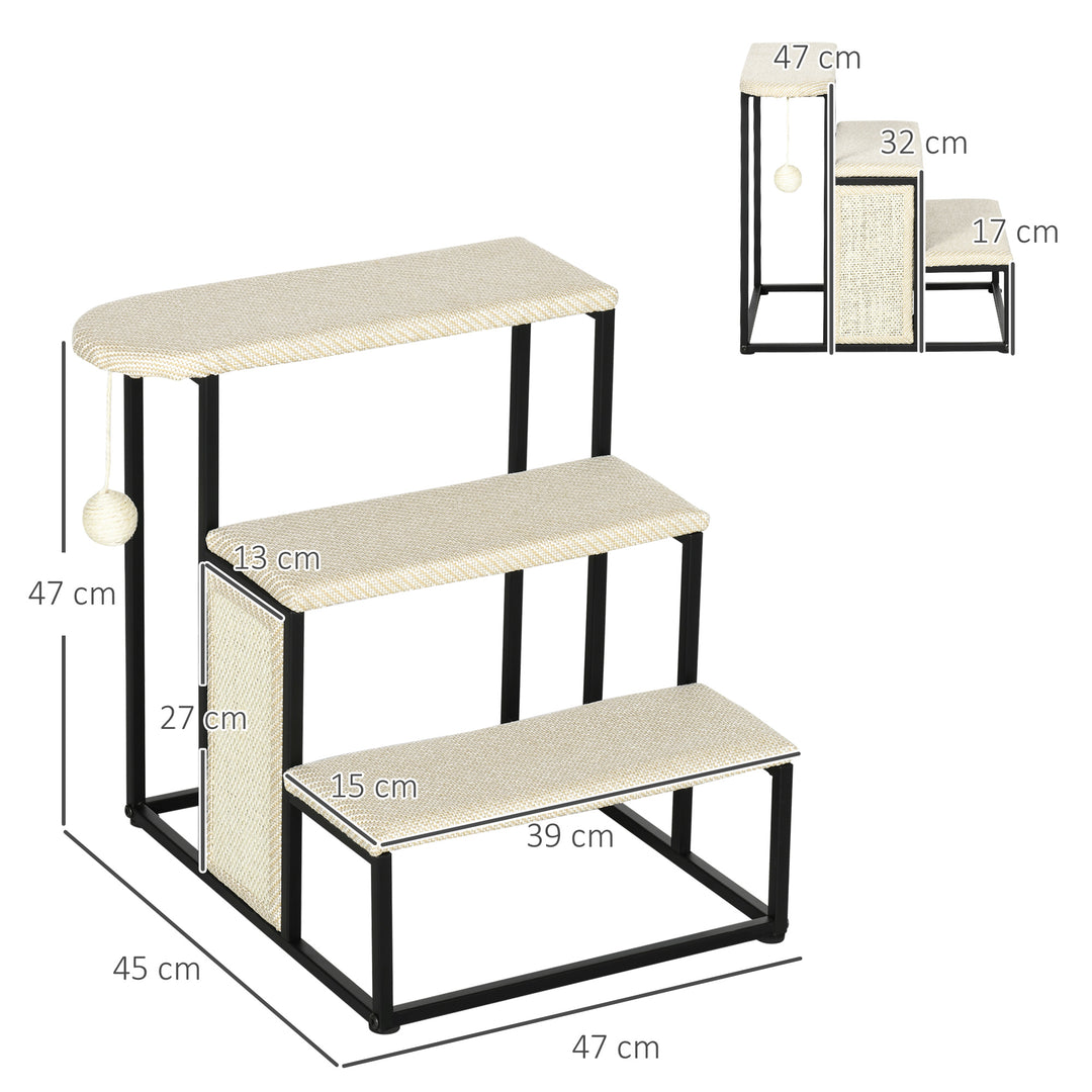 PawHut Cat Stairs, 3 Steps for Sofa, Pet Steps with Sisal Scratching Board and Hanging Ball, Steel Frame, 47 x 45 x 47 cm, Cream White