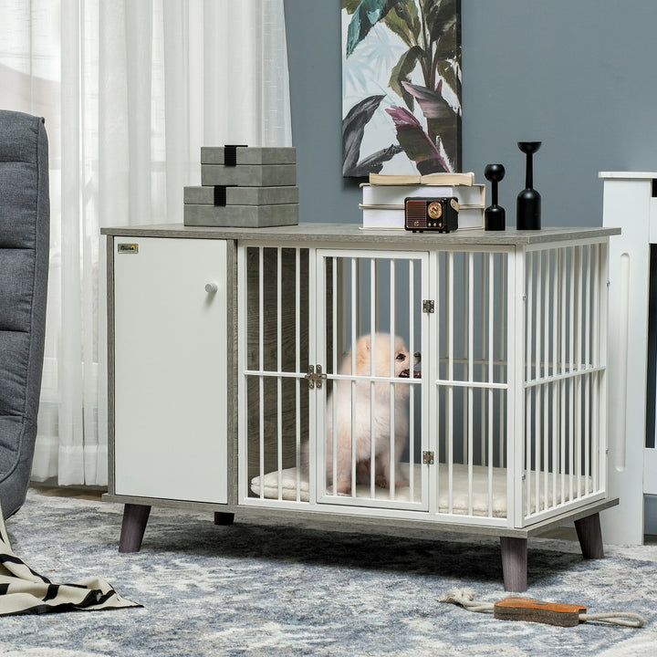 PawHut Dog Crate Furniture, Indoor Pet Kennel Cage, Top End Table w/ Soft Cushion, Lockable Door, for Small Dogs, 98 x 48 x 70.5 cm - Grey