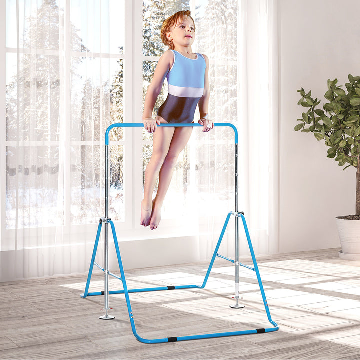 Gymnastics Bar for Kids, Folding Horizontal Bars with Adjustable Height, Training Bar with Triangle Base, Blue