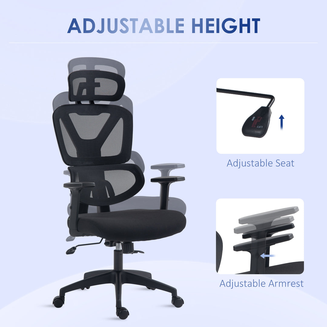 Vinsetto Mesh Office Chair, Ergonomic High-Back Swivel Desk Chair with Adjustable Height, Headrest, Lumbar Support, Padded Seat for Home Office Black