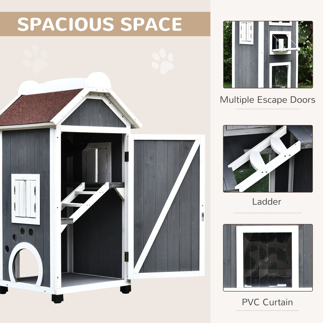 PawHut Wooden Cat House, Weatherproof Pet Shelter, Outdoor Cat Condos Cave, 2 Floor Furniture, Grey and White