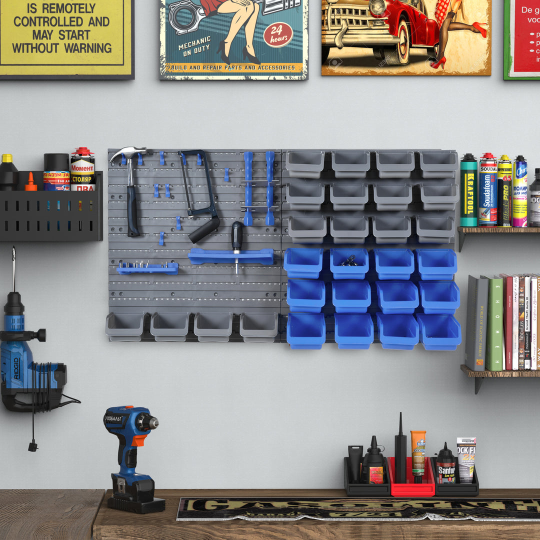 Wall Mounted Tool Rack Organiser w/ Shelf Hook-Blue