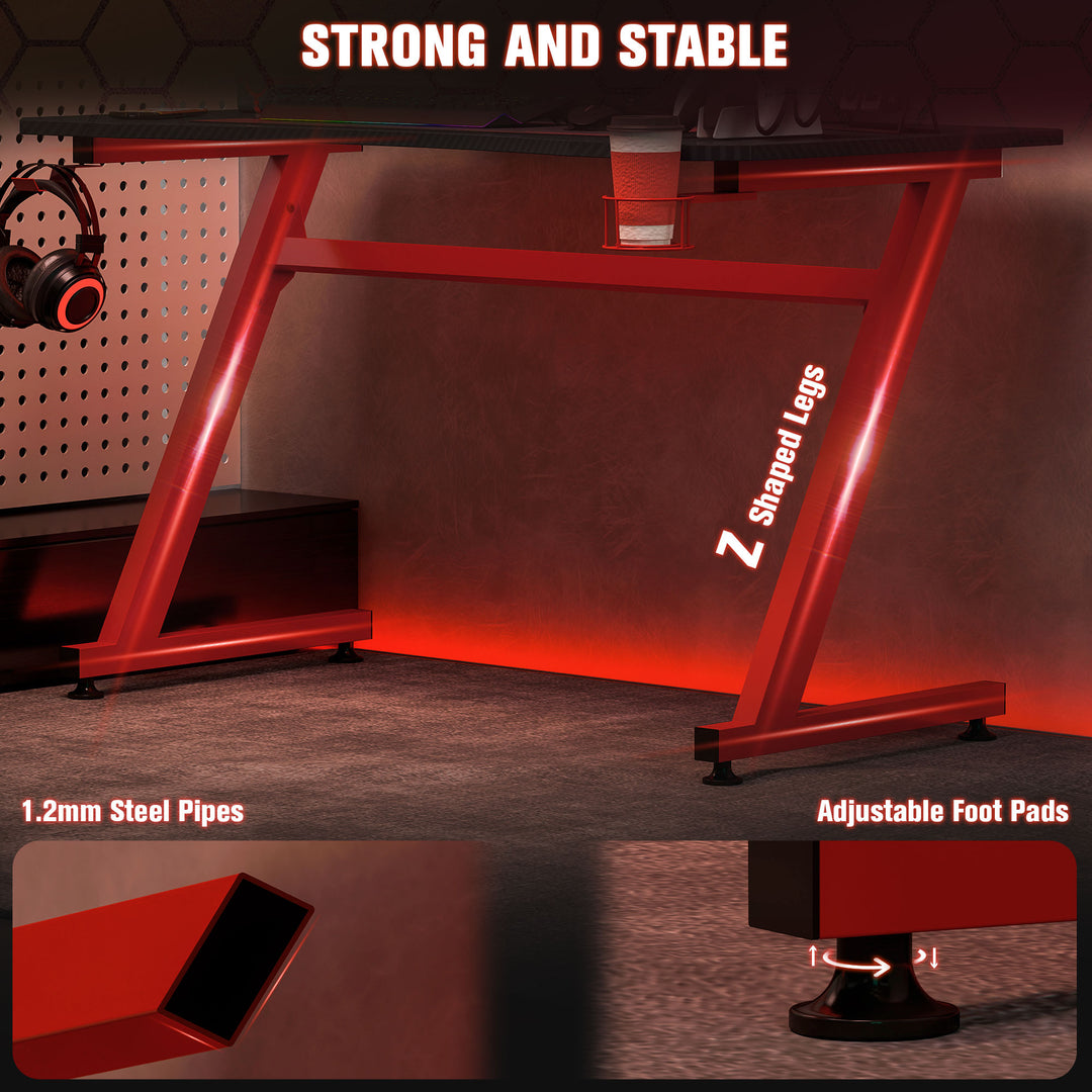 Gaming Desk Steel Frame w/ Cup Headphone Holder Adjustable Feet Cable Organiser Home Office Computer Table Red
