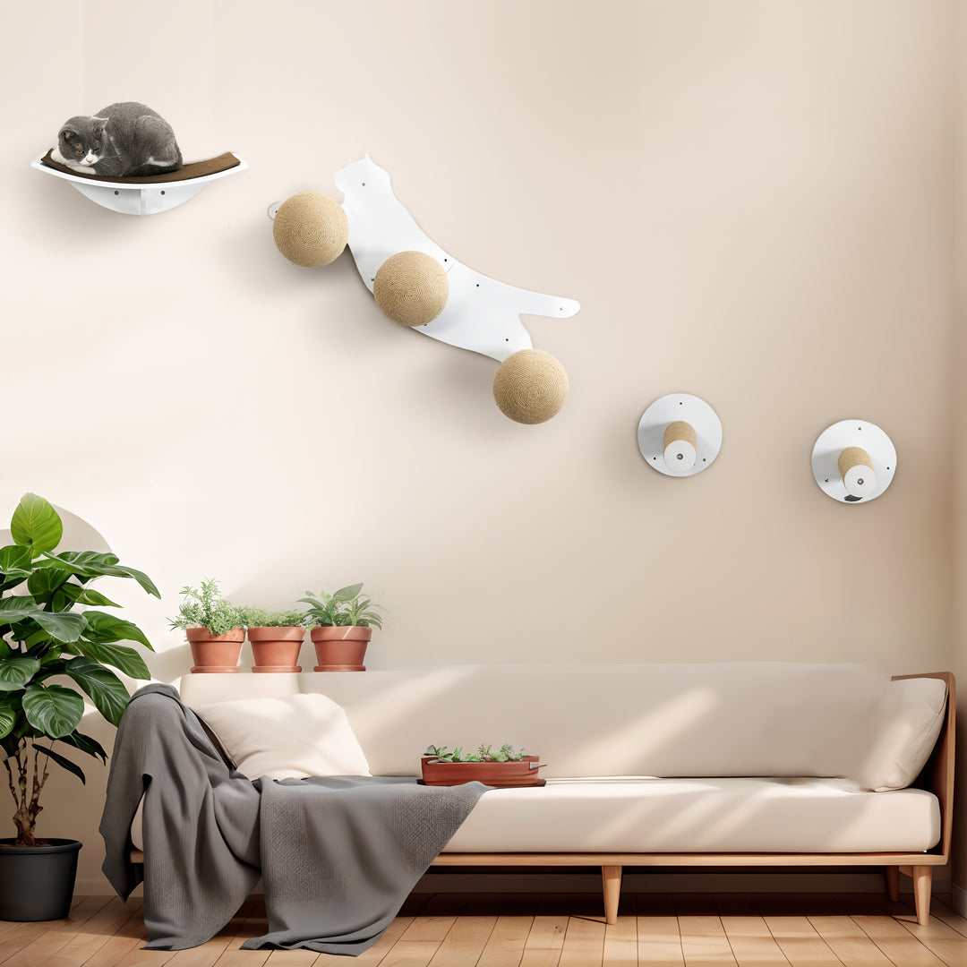 Wall Mounted Cat Shelves with Three Scratching Balls-White
