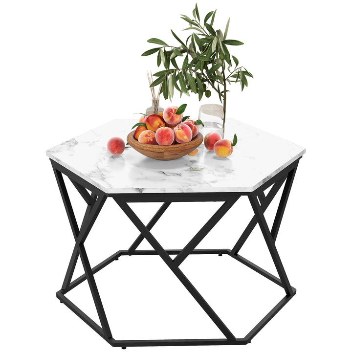 Coffee Table with High Gloss Marble Tabletop, Modern Cocktail Table with Steel Frame for Living Room, White