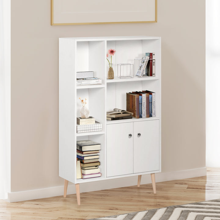 Open Bookcase Storage Cabinet Shelves Unit Free Standing w/ Two Doors Wooden Display White