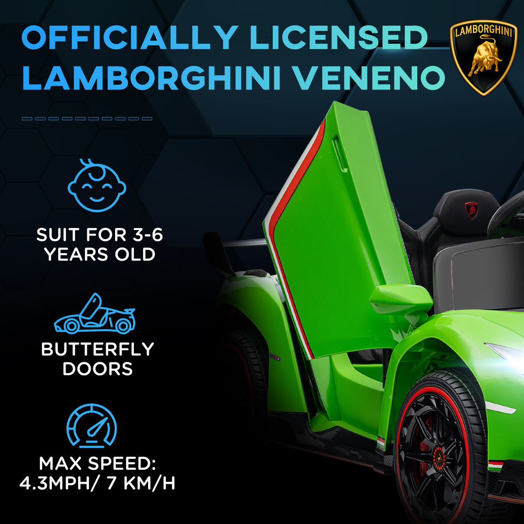 Lamborghini Veneno Licensed 12V Kids Electric Ride on Car with Butterfly Doors, Portable Battery, Powered Electric Car with Bluetooth, Remote, Music, Horn, Suspension, for 3-6 Years - Green