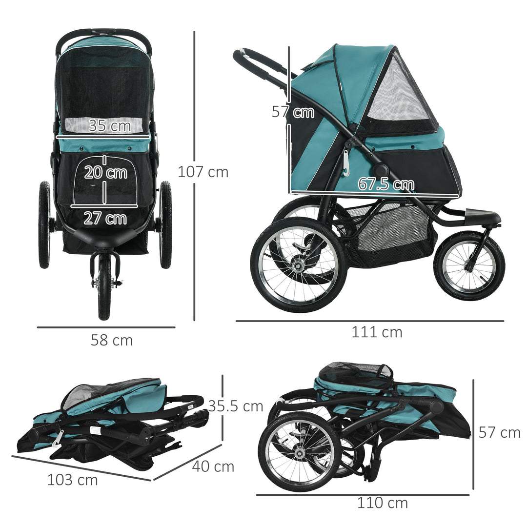 Pet Stroller Jogger for Medium, Small Dogs, Foldable Cat Pram Dog Pushchair w/ Adjustable Canopy, 3 Big Wheels - Dark Green