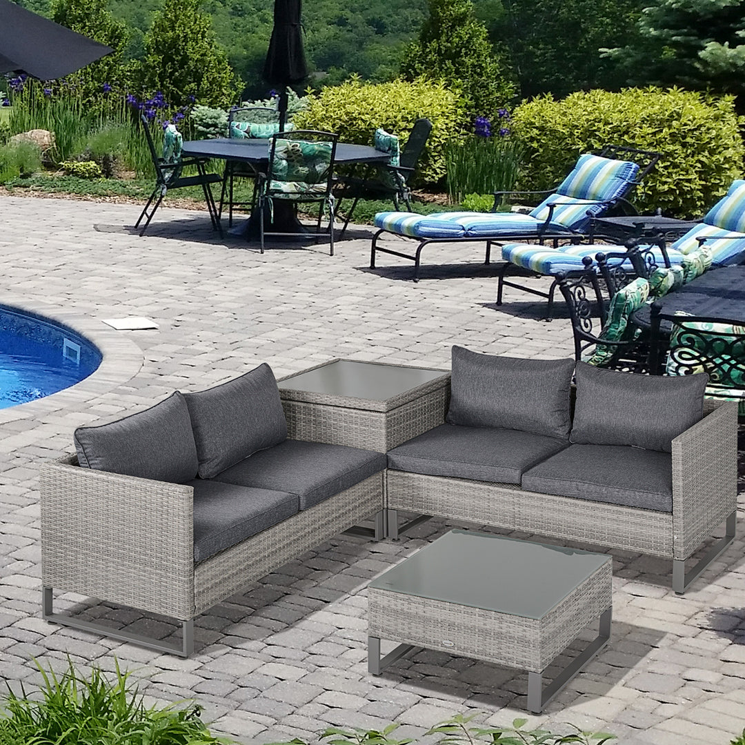 4-Seater PE Rattan Sofa Set Wicker Garden Furniture Outdoor Conservatory Furniture Coffee Table w/ Side Storage Box & Cushion, Grey