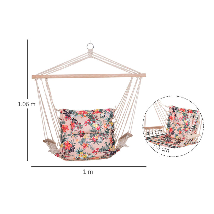 Garden Outdoor Hanging Hammock Chair Thick Rope Frame Wooden Arms Safe Wide Seat Garden Outdoor Spot Stylish Multicoloured floral