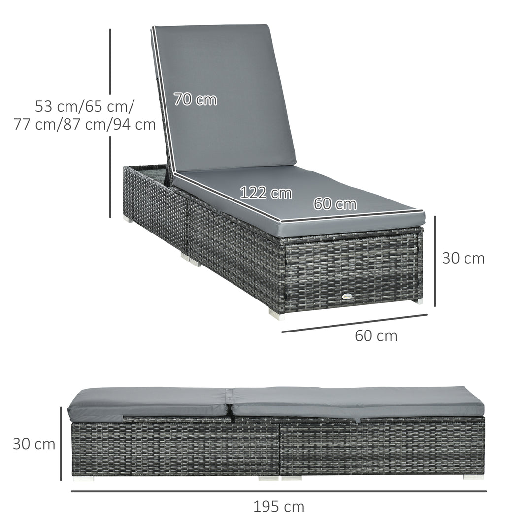PE Rattan Sun Loungers set of 2 with Cushion, Outdoor 2 Pieces Garden Sunbed Furniture with 5-Level Recliner Backrest, Reclining Patio Wicker Bed Chair, Grey