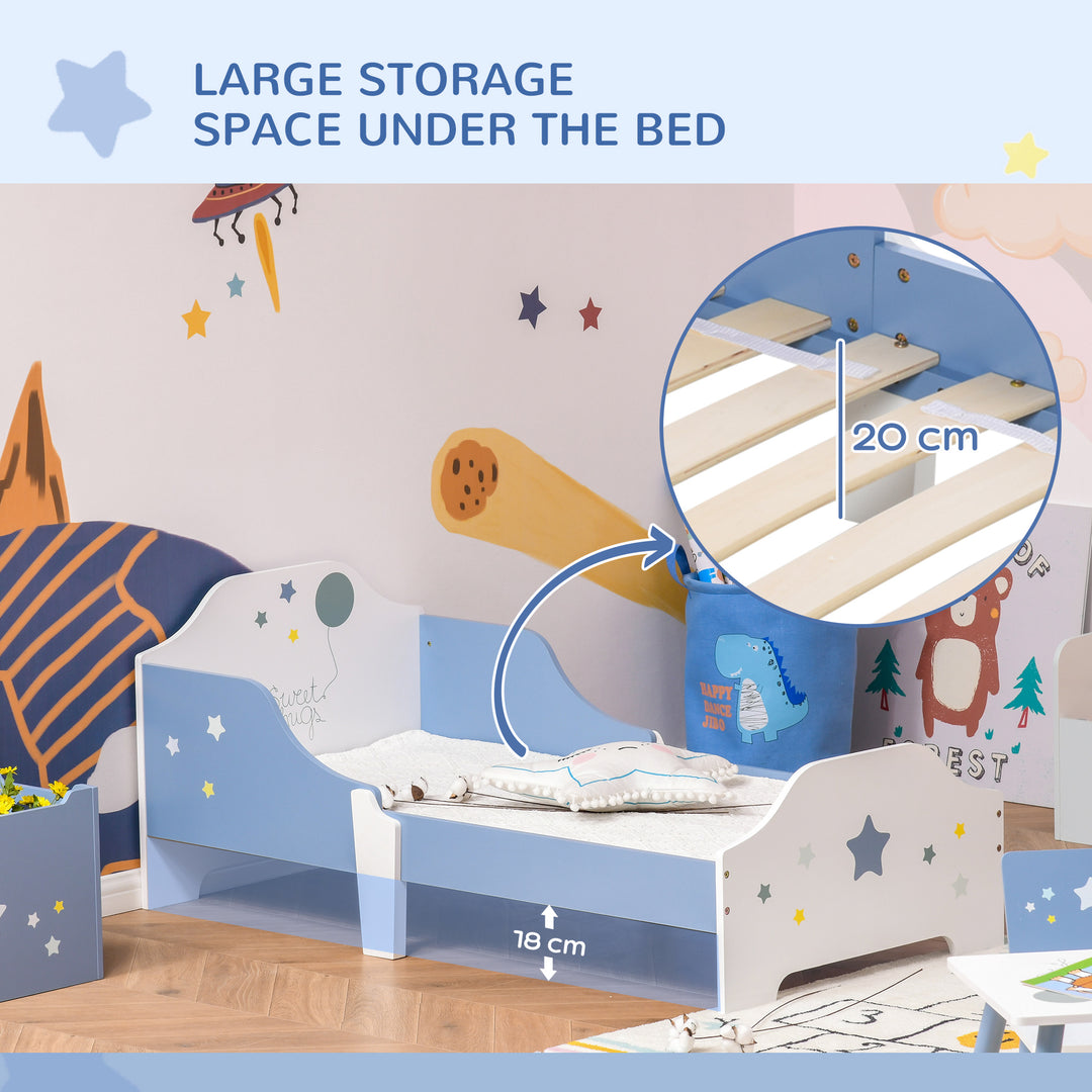 Kids Toddler Wooden Bed Round Edged with Guardrails Stars Image 143 x 74 x 59 cm Blue