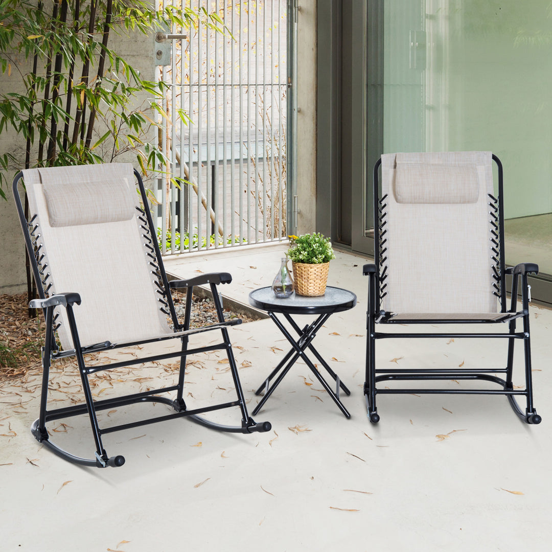 Outsunny 3 Piece Outdoor Rocking Set with 2 Folding Chairs and 1 Tempered Glass Table, Patio Bistro Set for Garden, Deck, Beige