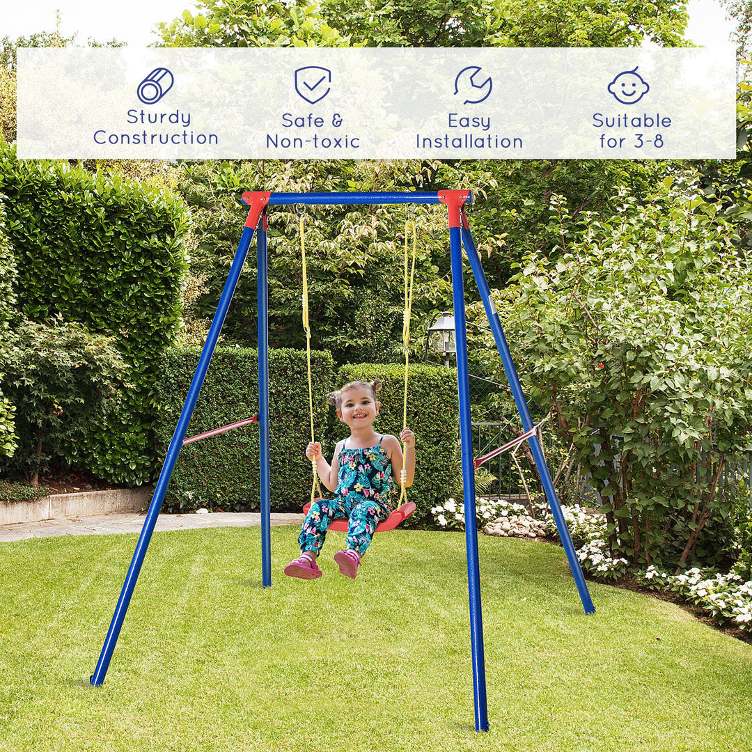 Metal Swing Set with Seat Adjustable Rope Heavy Duty A-Frame Stand Backyard Outdoor Playset for Kids Fun 6-12 Years Old Blue