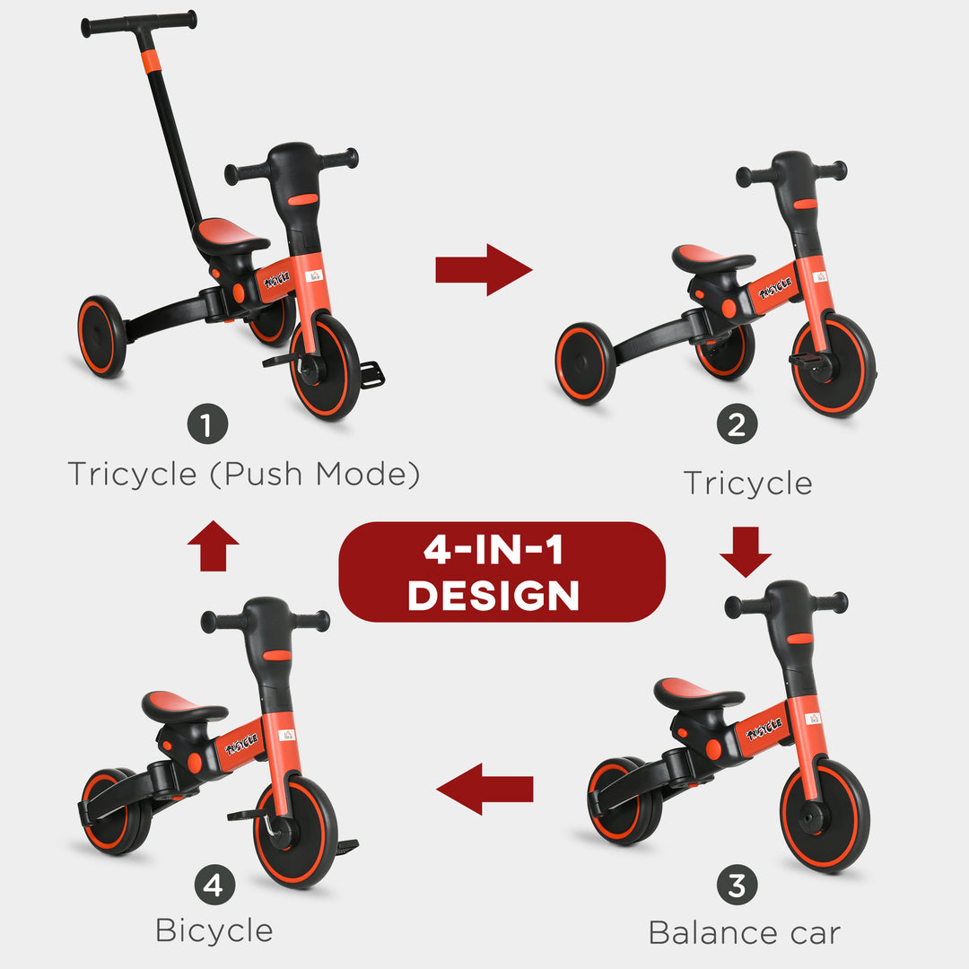 4-in-1 Tricycle for Kids, Baby Trike with Adjustable Push Handle, 18-60 Months, Red