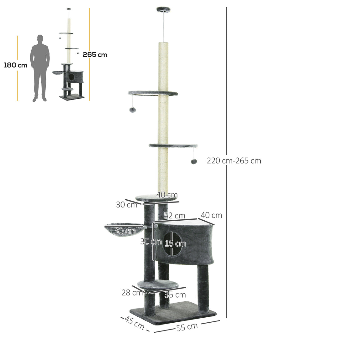 Adjustable Height Floor-To-Ceiling Vertical Cat Tree with Carpeted Platforms, Condo, Sisal Rope Scratching Areas