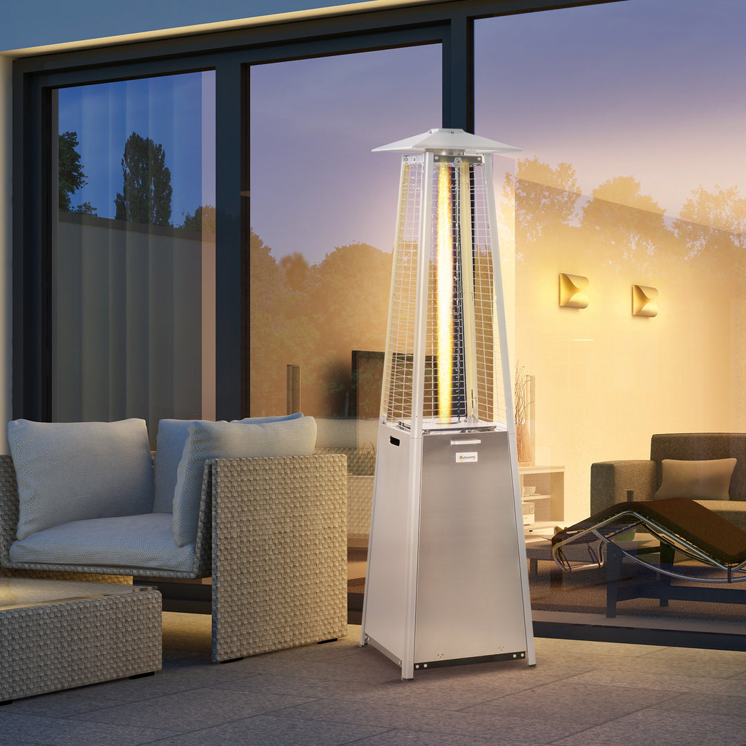 Outsunny 11.2KW Outdoor Patio Gas Heater Stainless Steel Pyramid Propane Heater Garden Freestanding Tower Heater with Wheels, Dust Cover, Silver