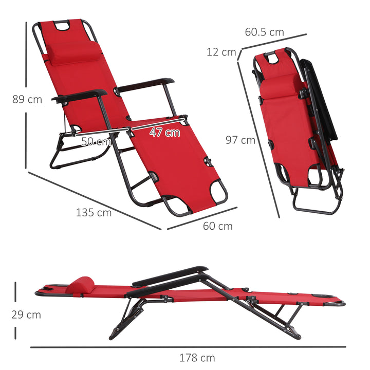 Outsunny 2 in 1 Sun Lounger Folding Reclining Chair Garden Outdoor Camping Adjustable Back with Pillow (Red)