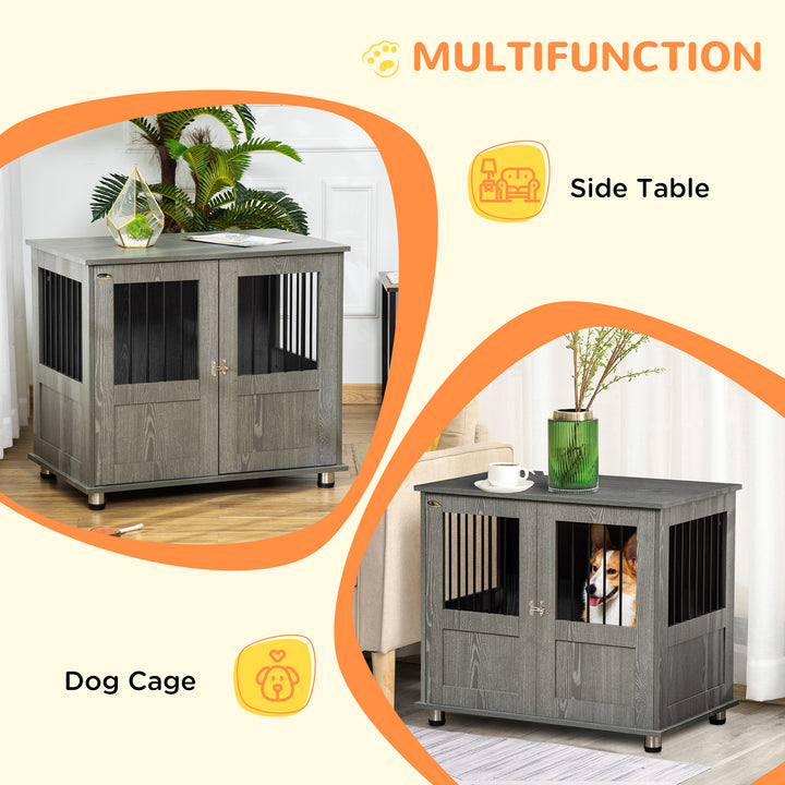 PawHut Dog Crate Furniture End Table, Pet Kennel for Small and Medium Dogs with Magnetic Door Indoor Animal Cage, Grey, 85 x 55 x 75 cm