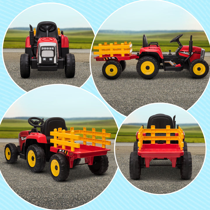 Electric Ride on Tractor with Detachable Trailer, 12V Kids Battery Powered Electric Car with Remote Control, Music Start up Sound and Horn, Lights, for Ages 3-6 Years - Red