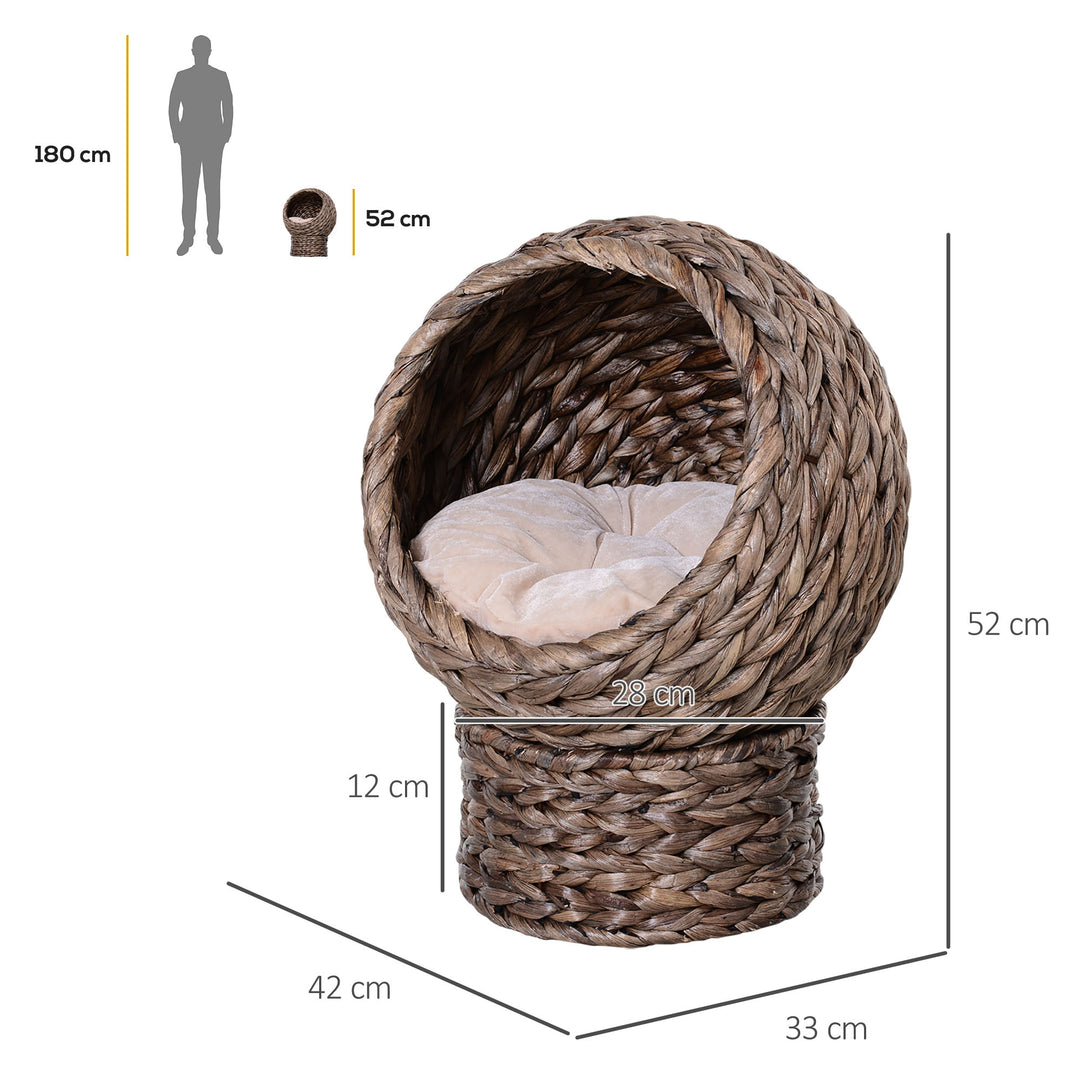 Wicker Cat Bed, Raised Rattan Cat Basket with Cylindrical Base, Soft Washable Cushion, 42 x 33 x 52cm - Brown