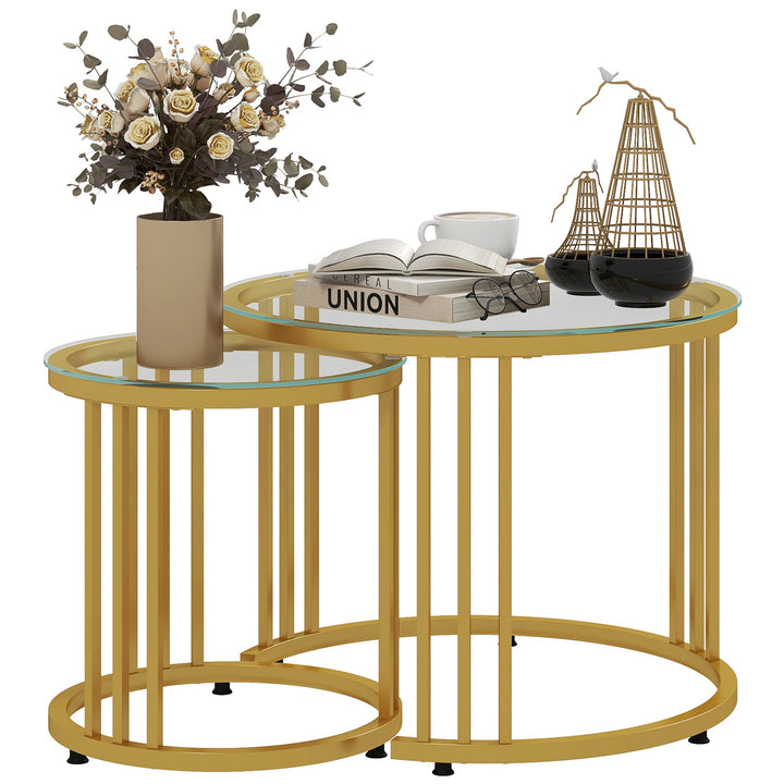 Round Coffee Tables Set of 2, Nesting Tables with Tempered Glass Top and Steel Frame, 60cmx60cmx47cm, Gold Tone