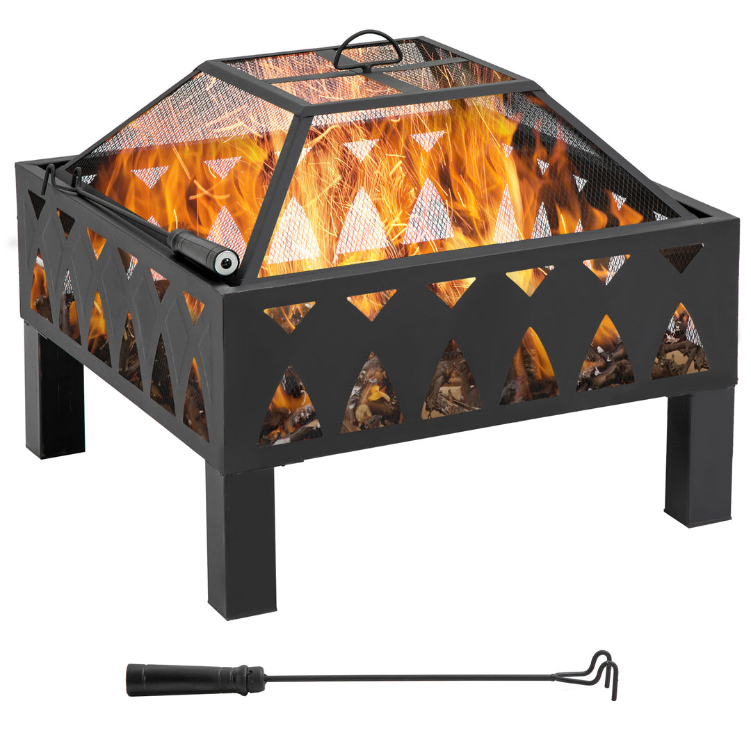 Outsunny Outdoor Fire Pit with Screen Cover, Wood Burner, Log Burning Bowl with Poker for Patio, Backyard, Black