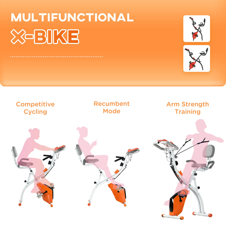 HOMCOM 2-in-1 Upright  Exercise Bike Stationary Foldable Magnetic Recumbent Cycling with Arm Resistance Bands Orange