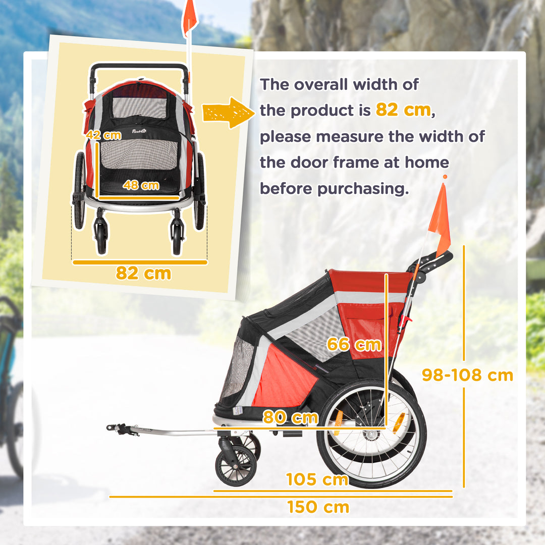 Dog Bike Trailer, Two-In-One Foldable Pet Bike Trailer w/ Safety Leash, Flag, for Small Cats, Puppies, Camping, Hiking - Red