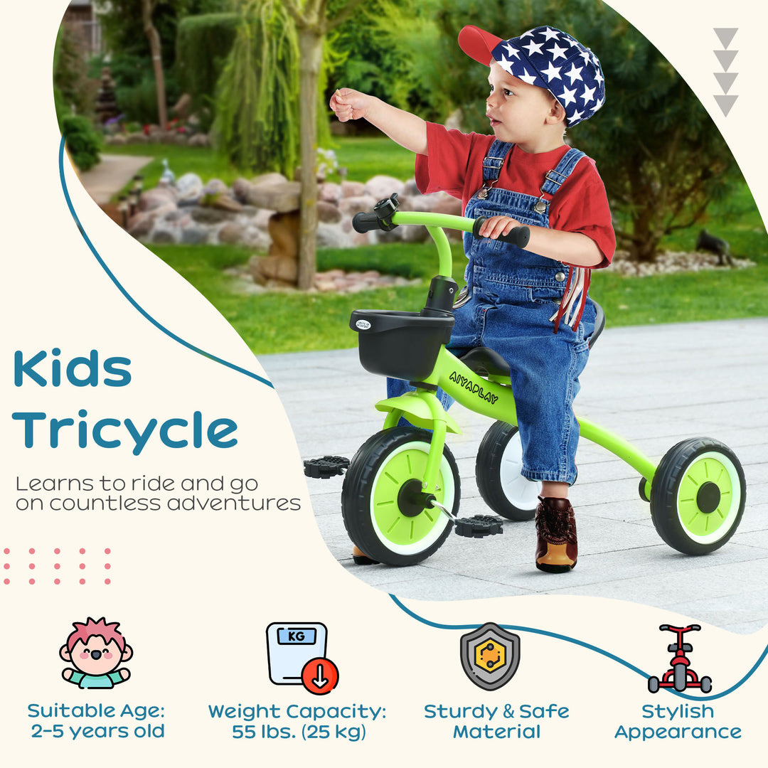 Kids Trike, Tricycle, with Adjustable Seat, Basket, Bell, for Ages 2-5 Years - Green