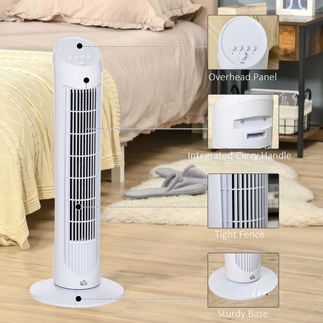 30" Oscillating Tower Fan 3 Speed Mode Ultra Slim Indoor Air Refresher Cooling Machine Noise Reduction - White