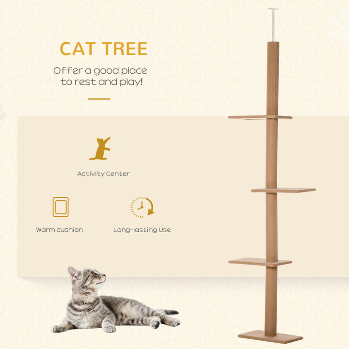 PawHut 260cm Floor To Ceiling Cat Tree w/ 3 Perches Flannel Upholstery Kitten Pet Rest Sleep Activity Tower Home Furniture Brown