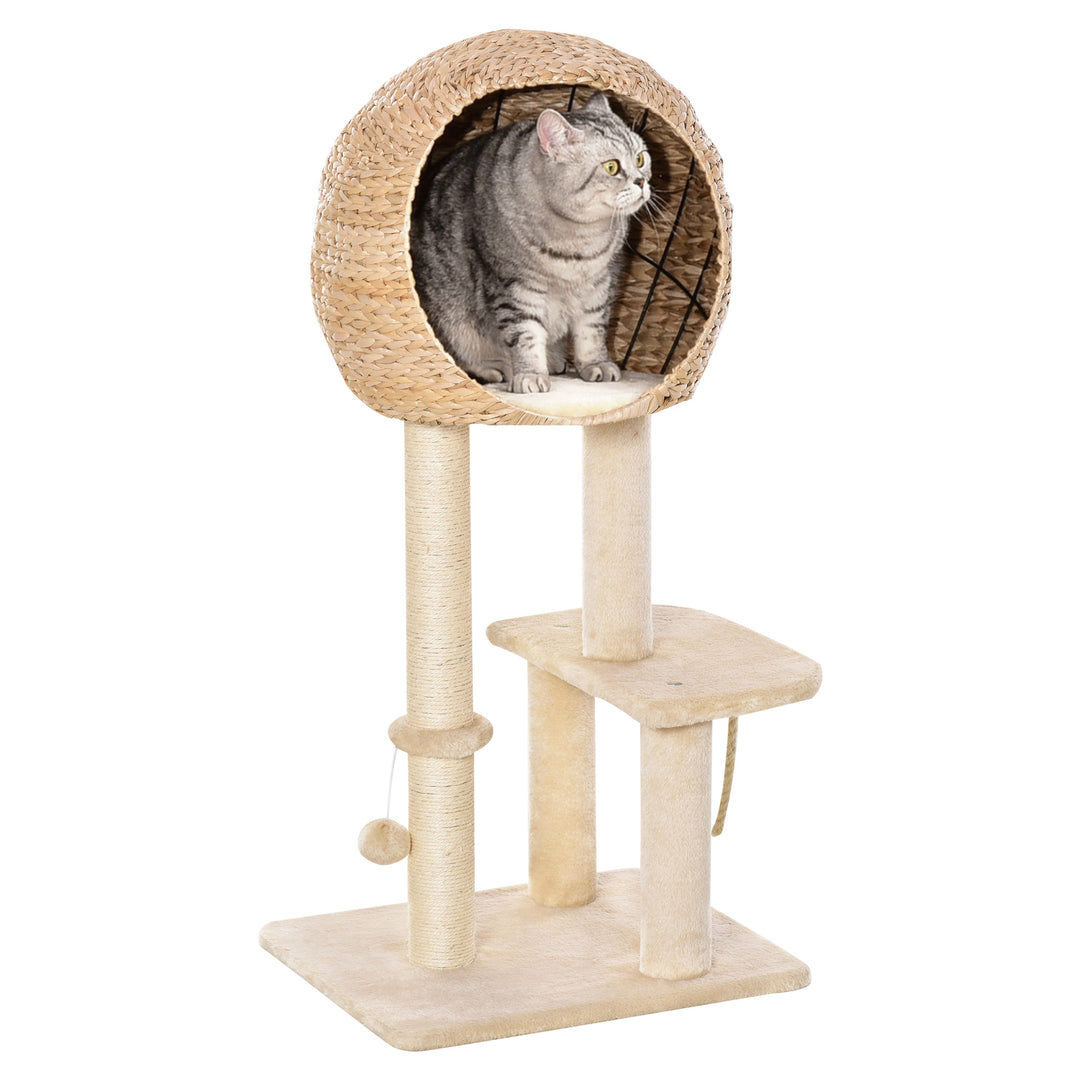 PawHut Cat tree Cat Tower 100cm Climbing Activity Center with Sisal Scratching Post Condo Perch Hanging Balls Teasing Rope Toy Cushion