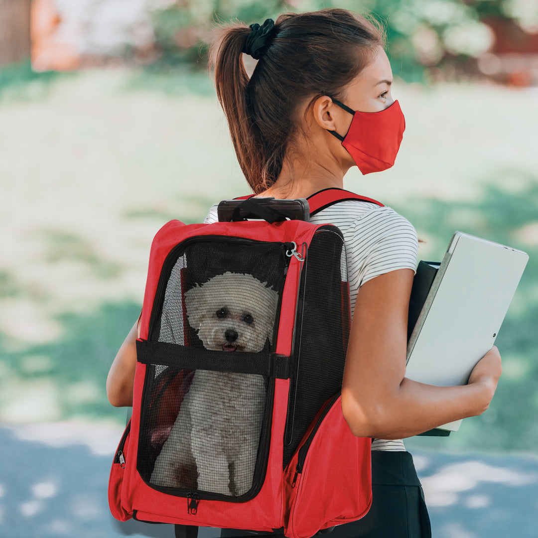 PawHut Pet Carrier Travel Backpack Bag Cat Carrier Dog Bag w/ Trolley and Telescopic Handle, 42 x 25 x 55 cm, Red