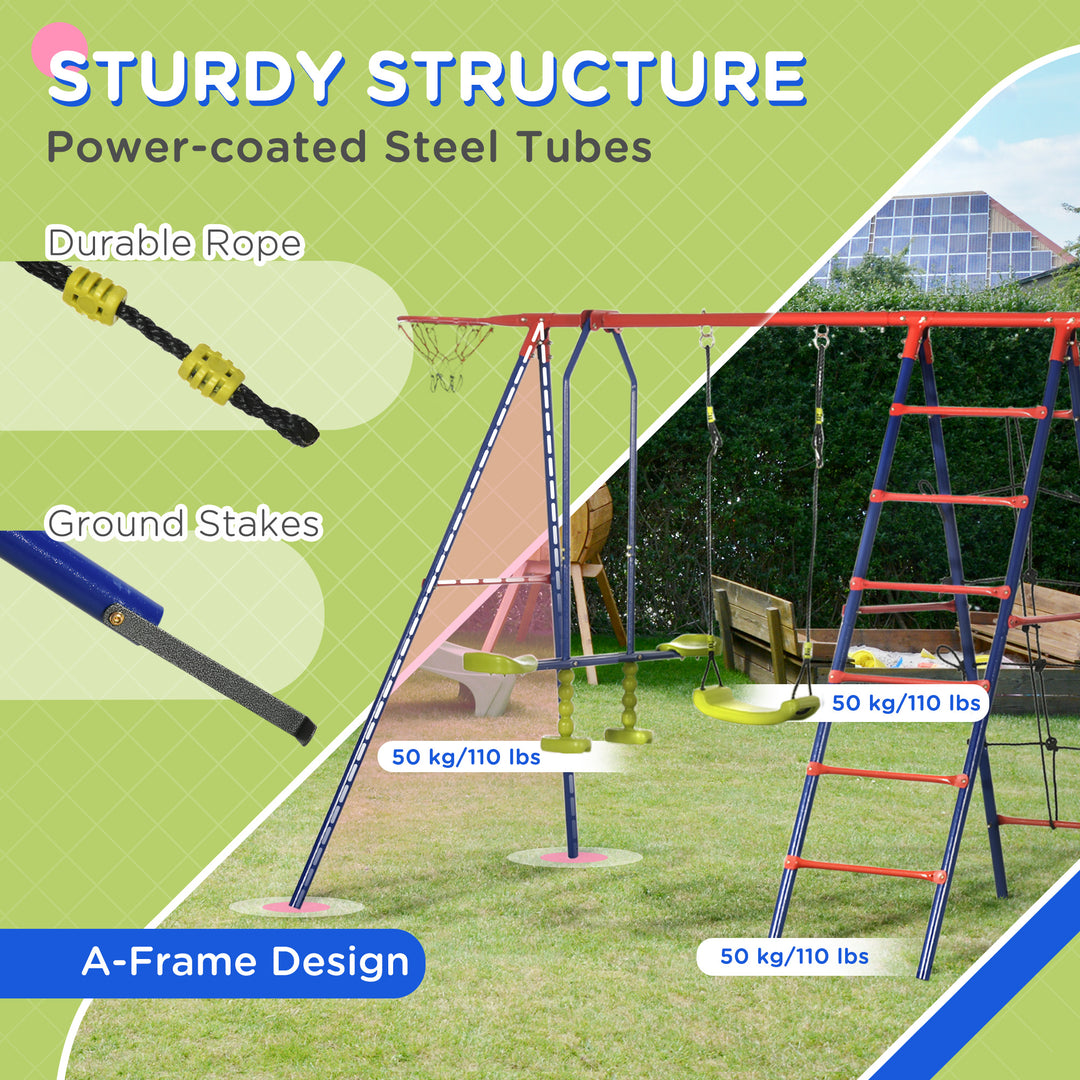 Metal Garden Swing Set, Climbing Frame, Glider, Trapeze Bar, Basketball Hoop